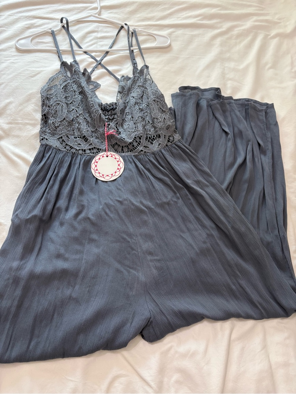 Umgee Slate Gray Lace-Trim Jumpsuit Romper